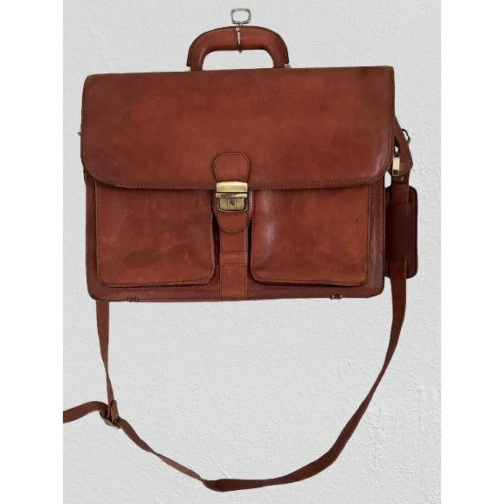 Vintage Orna Brown Leather Briefcase With Detachable Strap & Brass Hardware